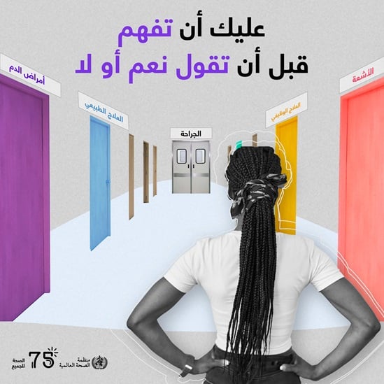 2023 Human Rights Day infographic "You need to understand, before you can say yes or no" in Arabic